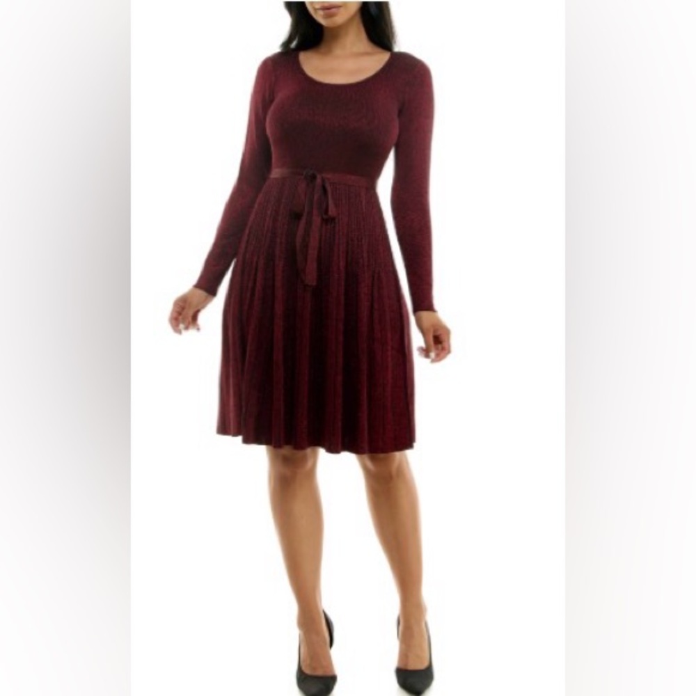 Metallic Burgundy Long Sleeve Pleated Midi Dress